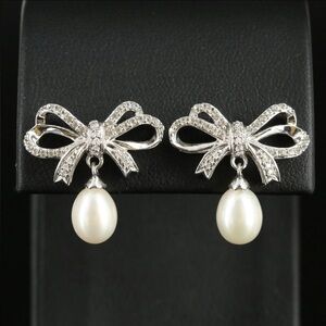 Sterling Pearl and white Sapphire Bow Earrings